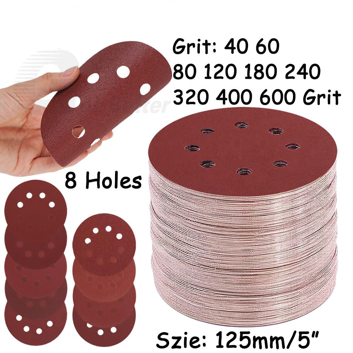 125mm 5" 8 Holes Sanding Discs Set 40 60 80 120 180 - 600 Grit For Orbital Sander - HomeDIYer
