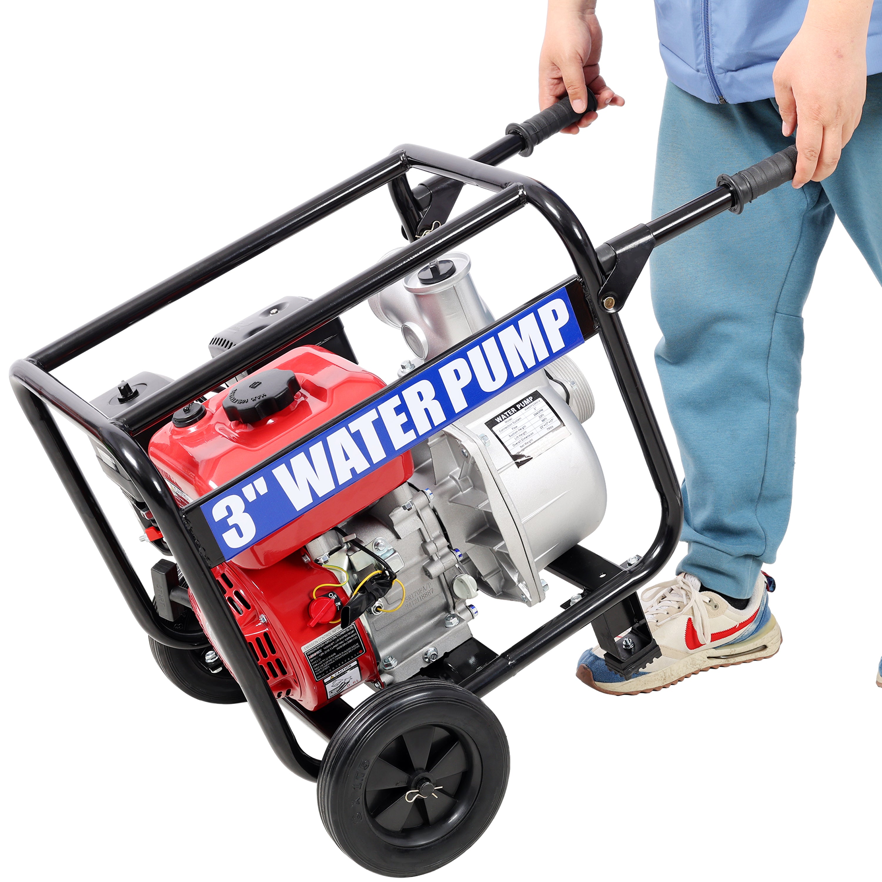 Gas Engine Powered Water Pump 3" inlet&outlet, Flow:264Gpm , 7HP Engine 212CC, EPA Certificated, 3in NPT Connector, 3in to 2in coupler 2in1, 50 ft Discharge Hose, 12 ft Suction Hose, Wheels and Handle