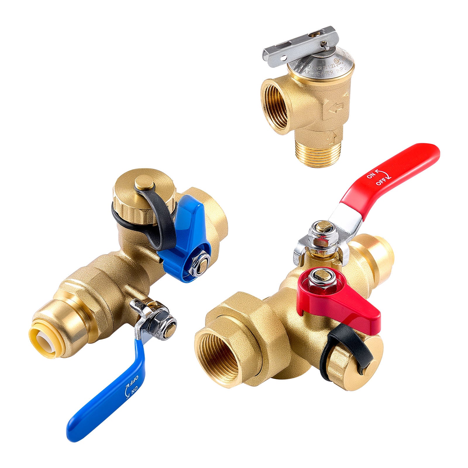 Tankless Water Heater Service Valve Kit – 3/4” NPT to PTC Isolation Valves + Pressure Relief, Lead-Free Brass