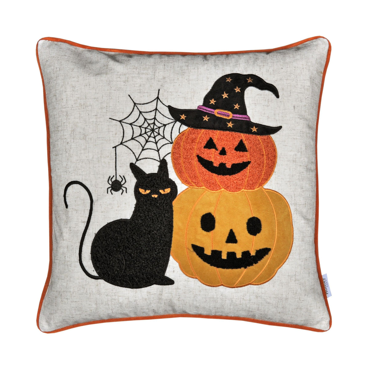 Halloween Throw Pillow 20x20 with Black Cat & Pumpkin Embroidery