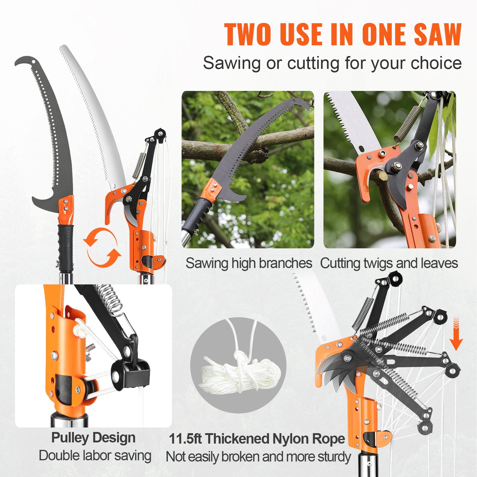 Manual Pole Saw, 7.3–27 ft Extendable Tree Pruner, 2-in-1 Saw & Scissors with Pulley System