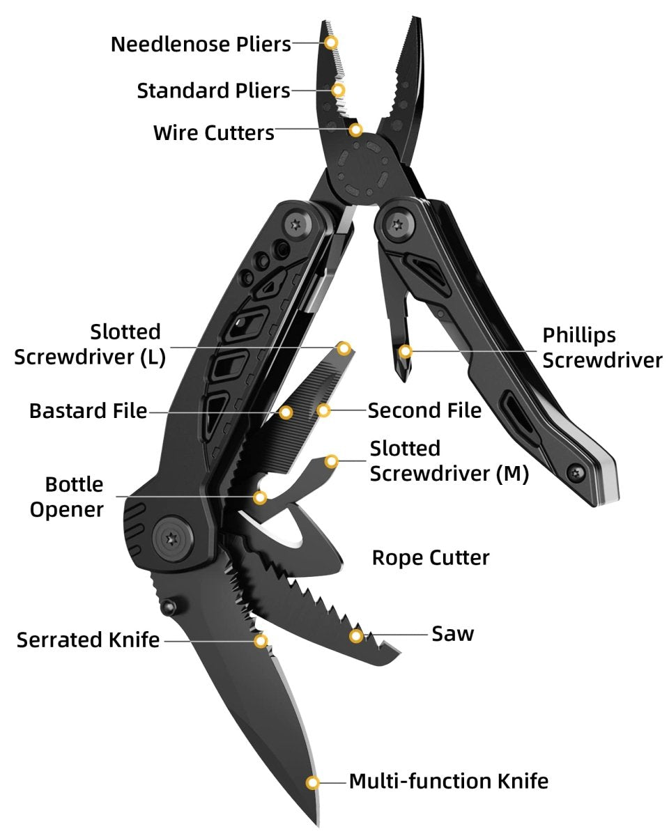 Multitool Knife, Pohaku 13 in 1 Pocket Multitool, Multi Tool with 3" Large Blade, Safety Locking Design, Spring - Action Plier, Durable Nylon Sheath for Outdoor, Camping, Fishing, Survival,Hiking - HomeDIYer