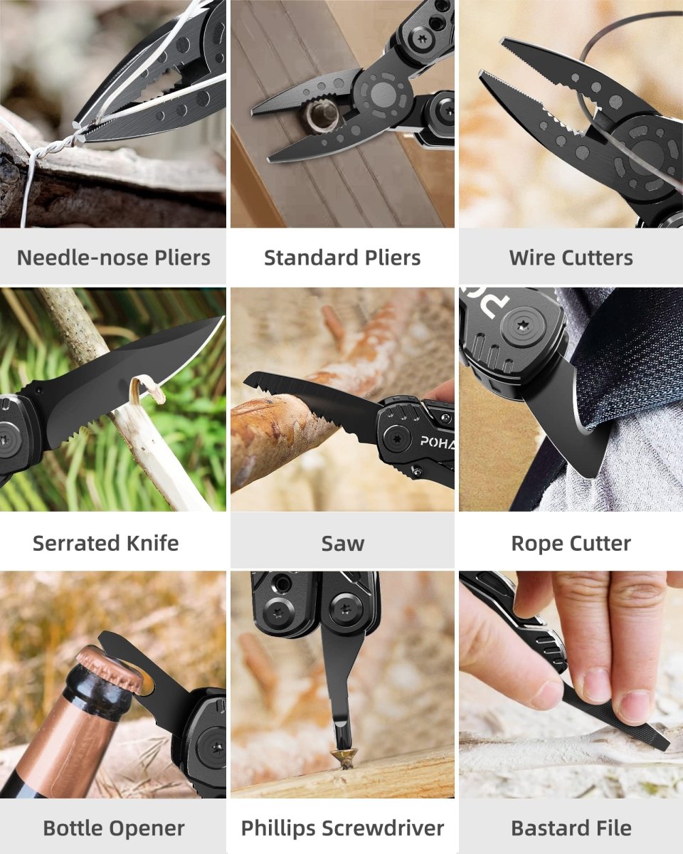 Multitool Knife, Pohaku 13 in 1 Pocket Multitool, Multi Tool with 3" Large Blade, Safety Locking Design, Spring - Action Plier, Durable Nylon Sheath for Outdoor, Camping, Fishing, Survival,Hiking - HomeDIYer