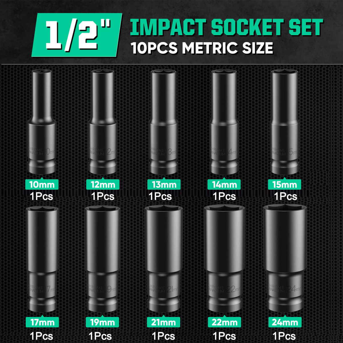 10x 1/2" Deep Impact Socket 10 - 24mm Set Metric Socket Drive Long Reach Thin Wall - HomeDIYer