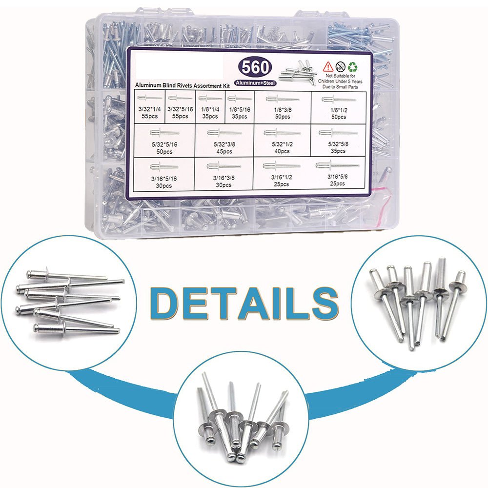 Silver Pop Rivets Assortment Set Aluminium Body Steel Mandrel Open End Dome Head - HomeDIYer