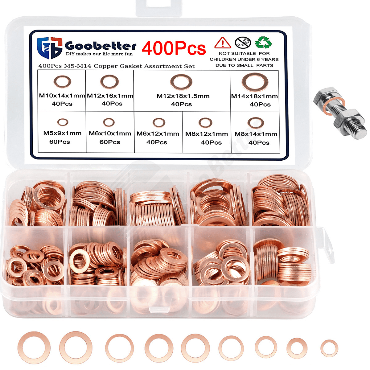 400Pcs Copper Gasket Car Engine Washers Metric Crush Seal Flat Ring M5 - M14 Set - HomeDIYer