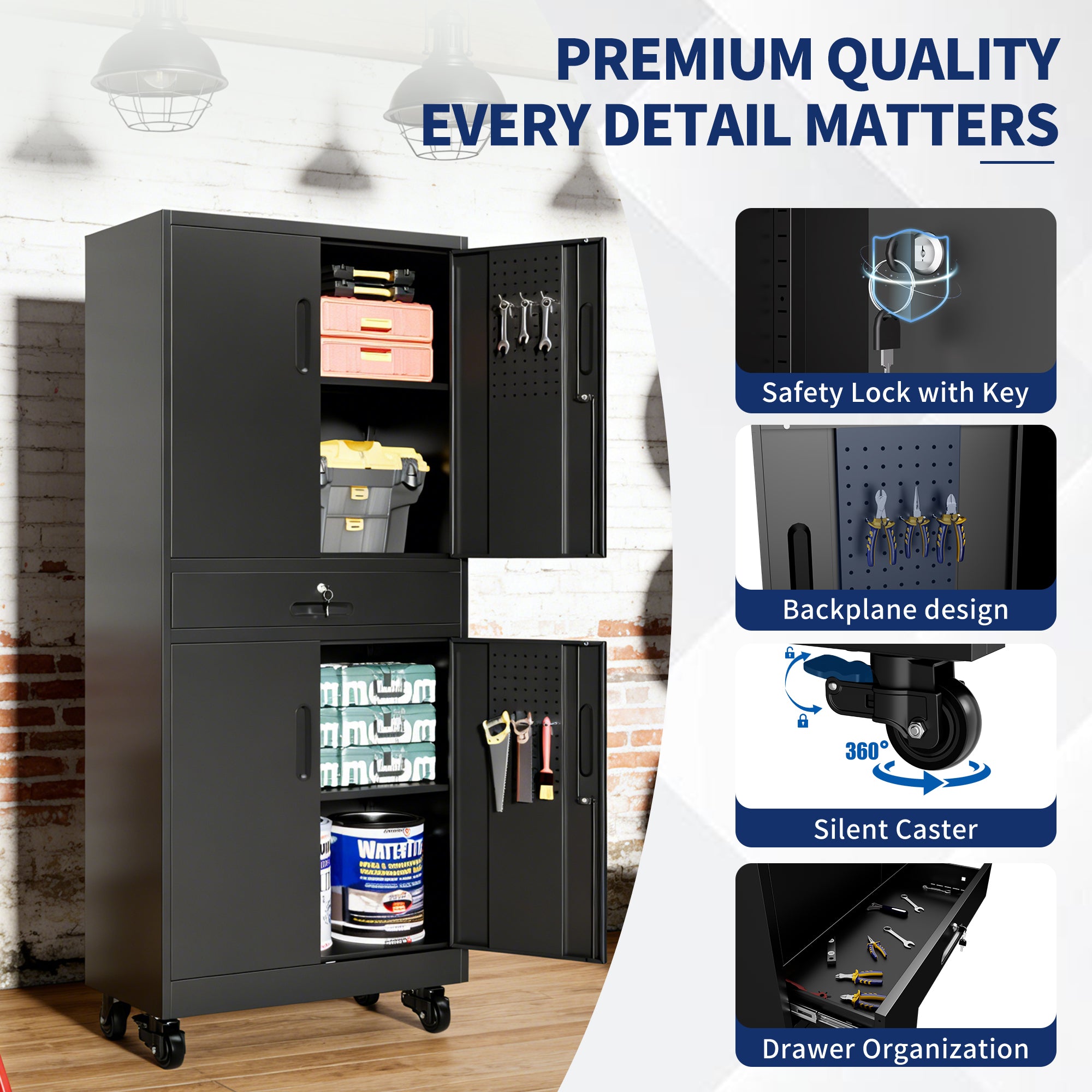 71" Metal Garage Storage Cabinet with Drawer, Pegboard Door, Locking Doors & Rolling Wheels, 720 lb Capacity