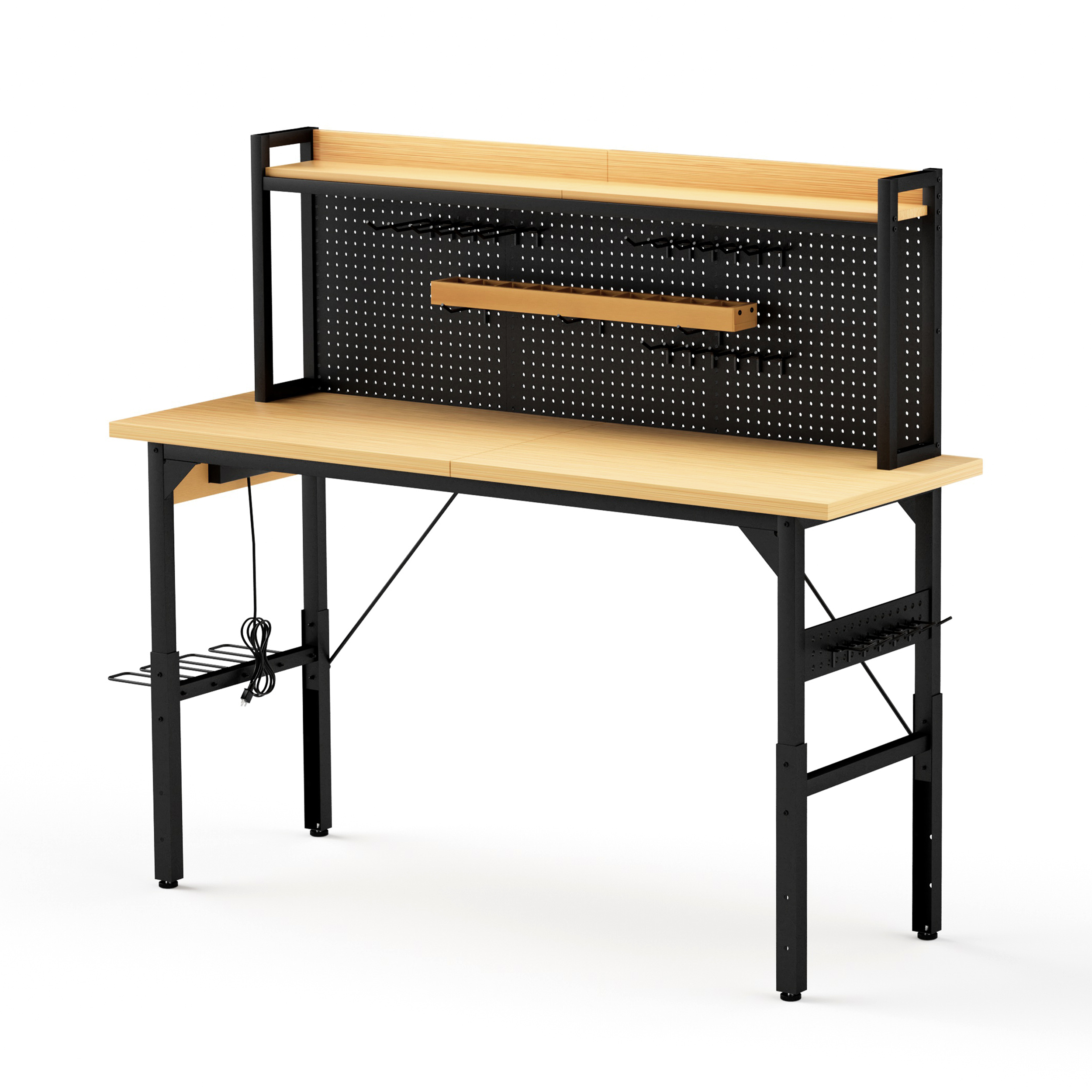 71" Adjustable Rolling Workbench with Pegboard, 1600 lb Capacity, AC Outlets, USB Ports & 18 Hooks, Natural