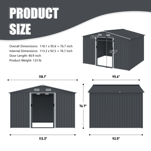 8 x 10 FT Outdoor Storage Shed Large Metal Tool Sheds, Heavy Duty Storage House with Sliding Doors with Air Vent for Backyard Patio Lawn to Store Bikes, Tools, Lawnmowers Grey - HomeDIYer