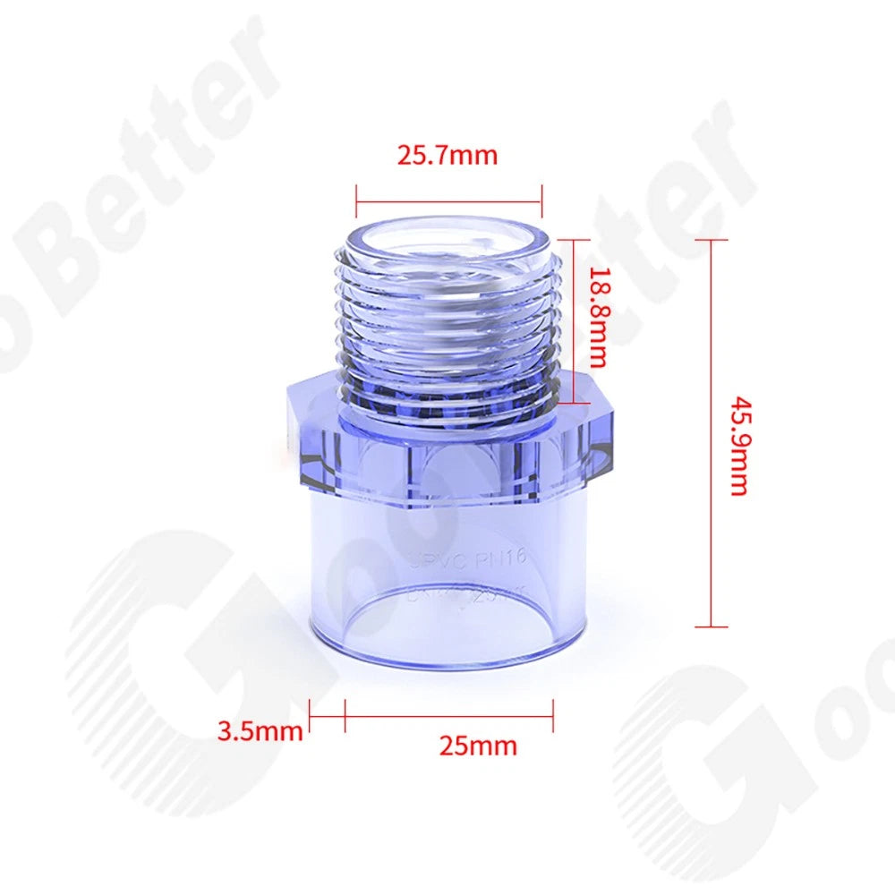 Transparent PVC Rohr Übergangsnippel Klebemuffe x Außengewinde Fittings 20-63mm