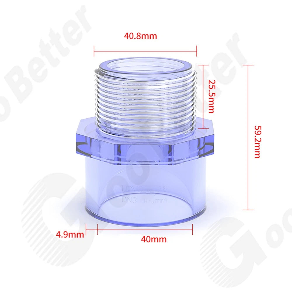 Transparent PVC Rohr Übergangsnippel Klebemuffe x Außengewinde Fittings 20-63mm
