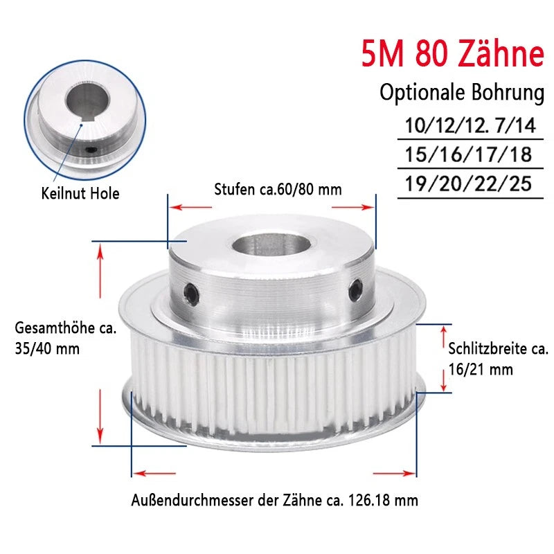 5M Riemenscheibe 35-80 Zähne Zahnrad Pulley für 15mm 20mm 25mm Breite Zahnriemen