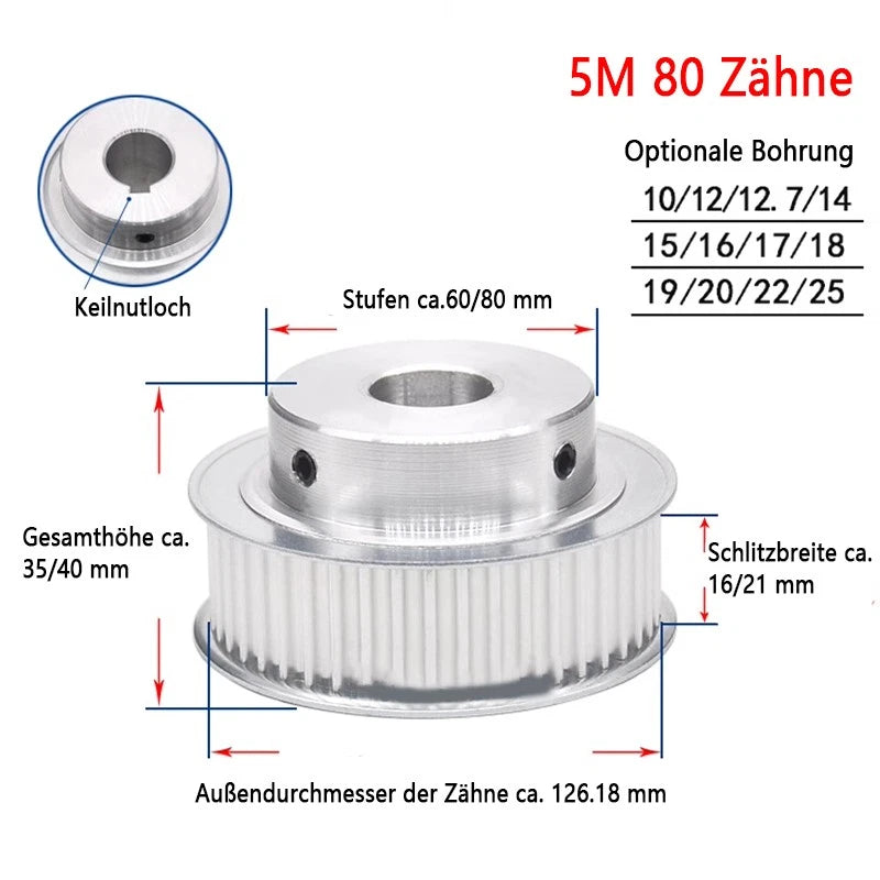5M Zahnrad Pulley Riemenscheibe 48-80T Zahnriemenrad für 15/20/25mm Zahnriemen