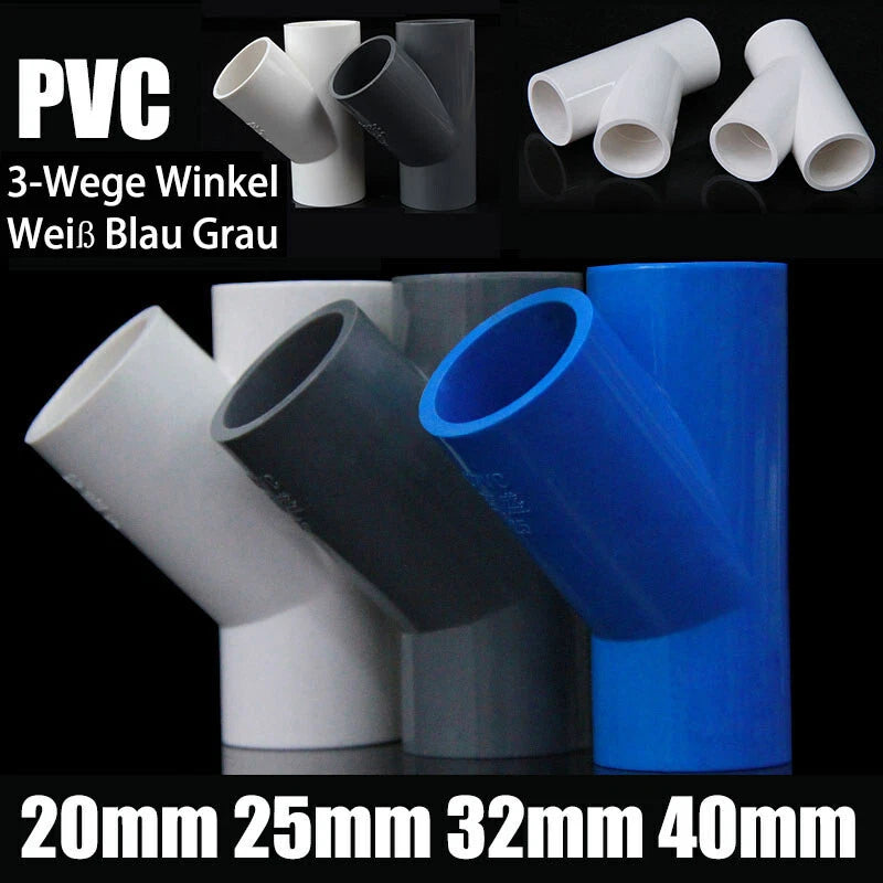 PVC 3-Wege Winkel 45° Rohr-Fittings Klebefittings Muffen 20-50mm Weiß Blau Grau