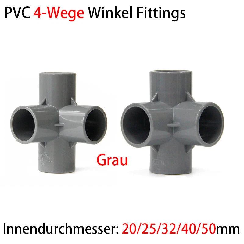 PVC 4-Wege Grau Winkel 90° Rohr-Fittings Klebefittings Muffen 20 25 32 40 50mm