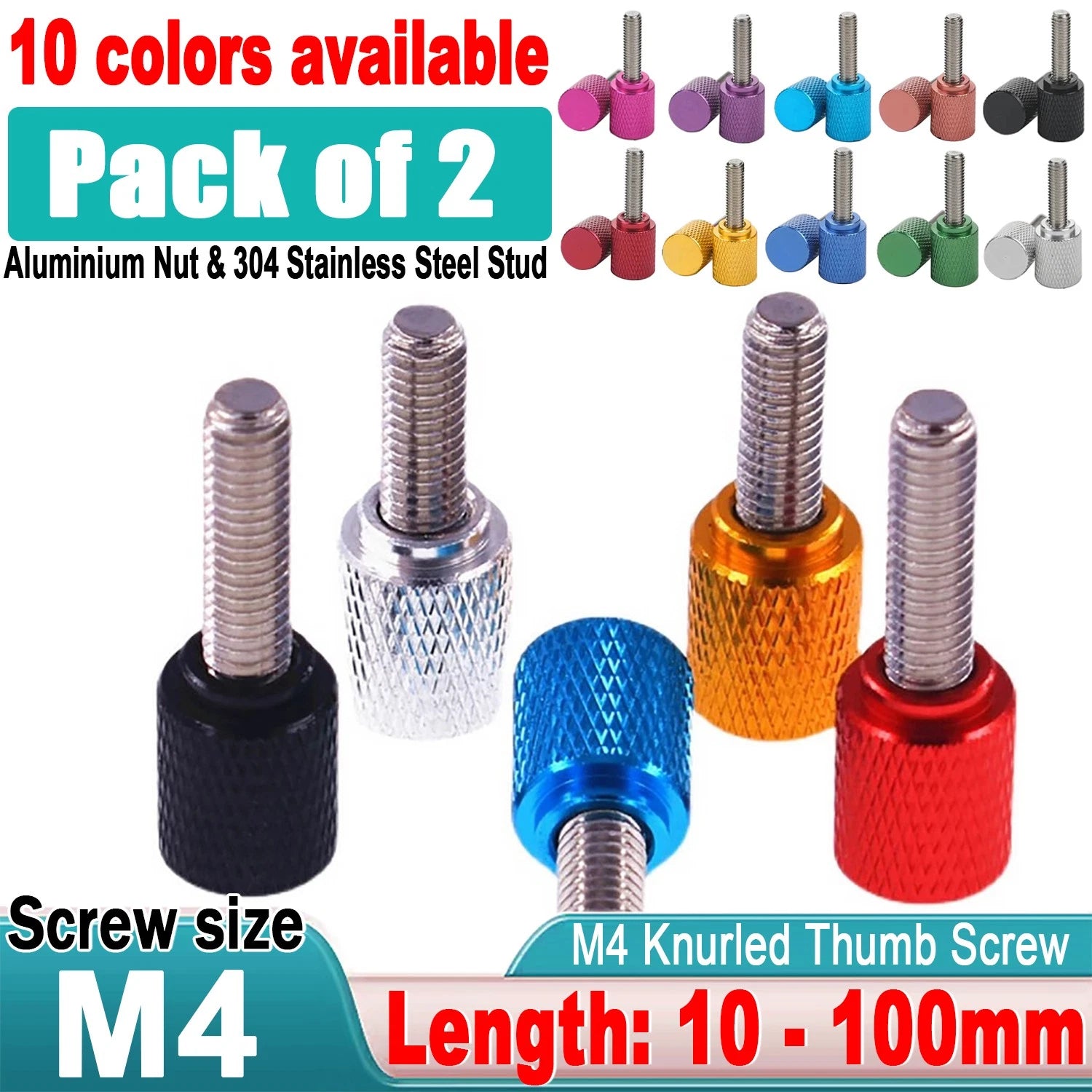 M4 Knurled Thumb Screws,Aluminium Alloy Head & Stainless Steel Stud,6-100mm Bolt