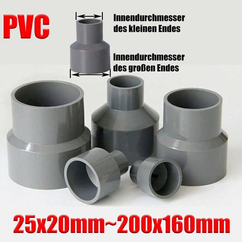 Ø20mm-200mm PVC Reduzierstück Muffe Rohr Fitting Klebefittings Lang Konisch Grau
