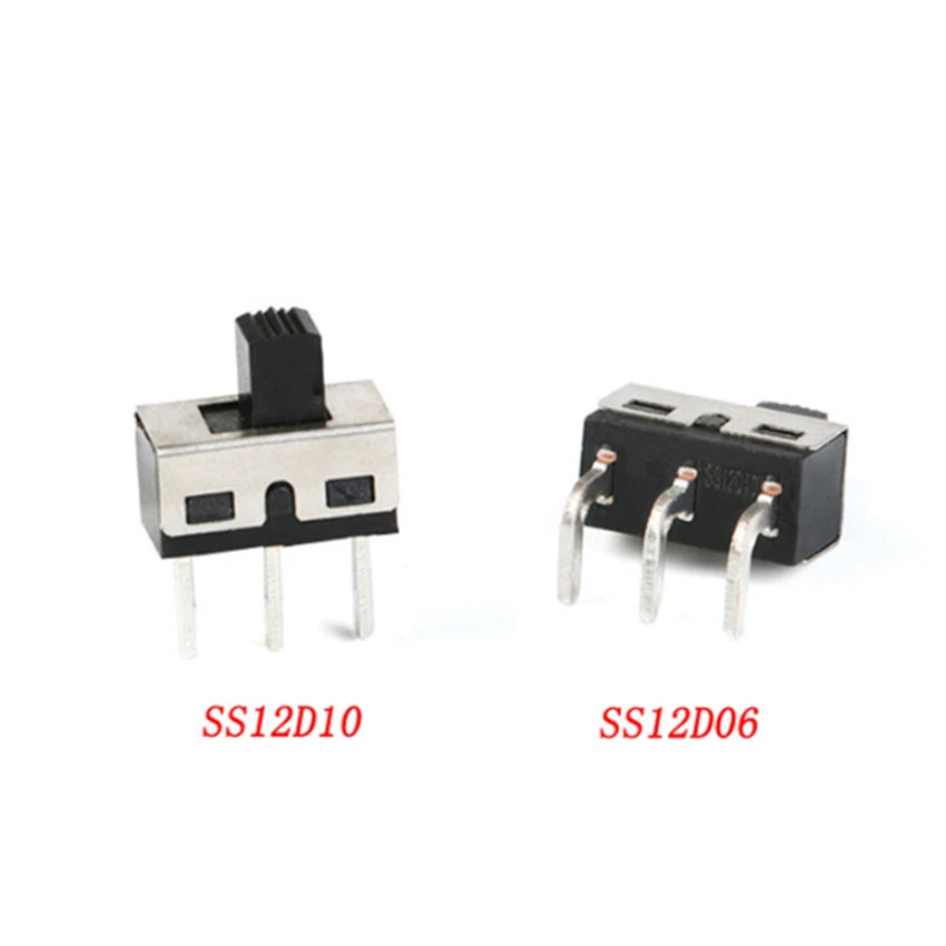 Toggle Switch SS12D06 SS12D10 SPDT 3-Pin Slide Switch with Straight or Bent Feet — 4.7mm Spacing, 5mm Handle