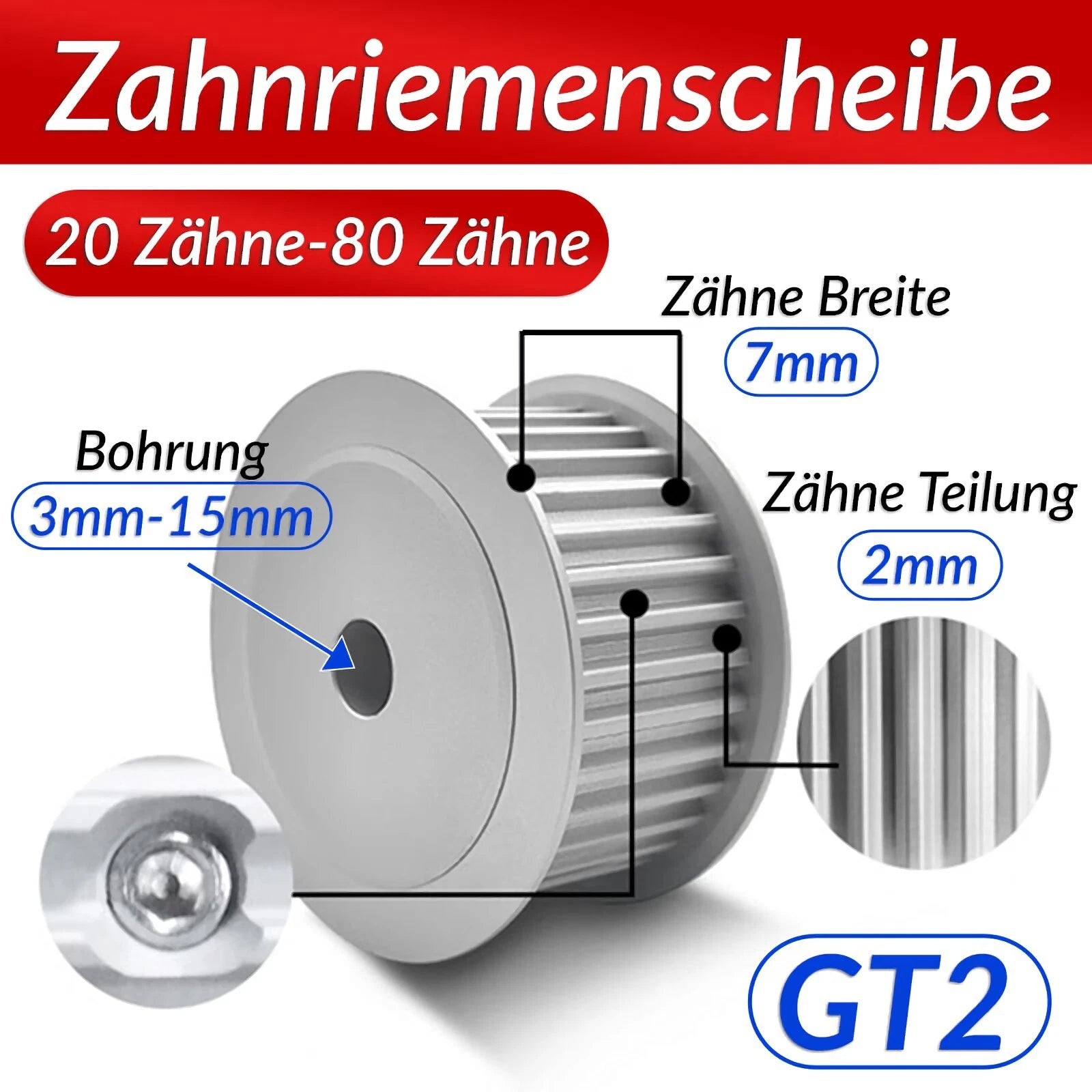 GT2 20-80 Zähne Zahnrad-Pulley Drucker Riemenscheibe ,Breite 7mm ,3D-Drucker