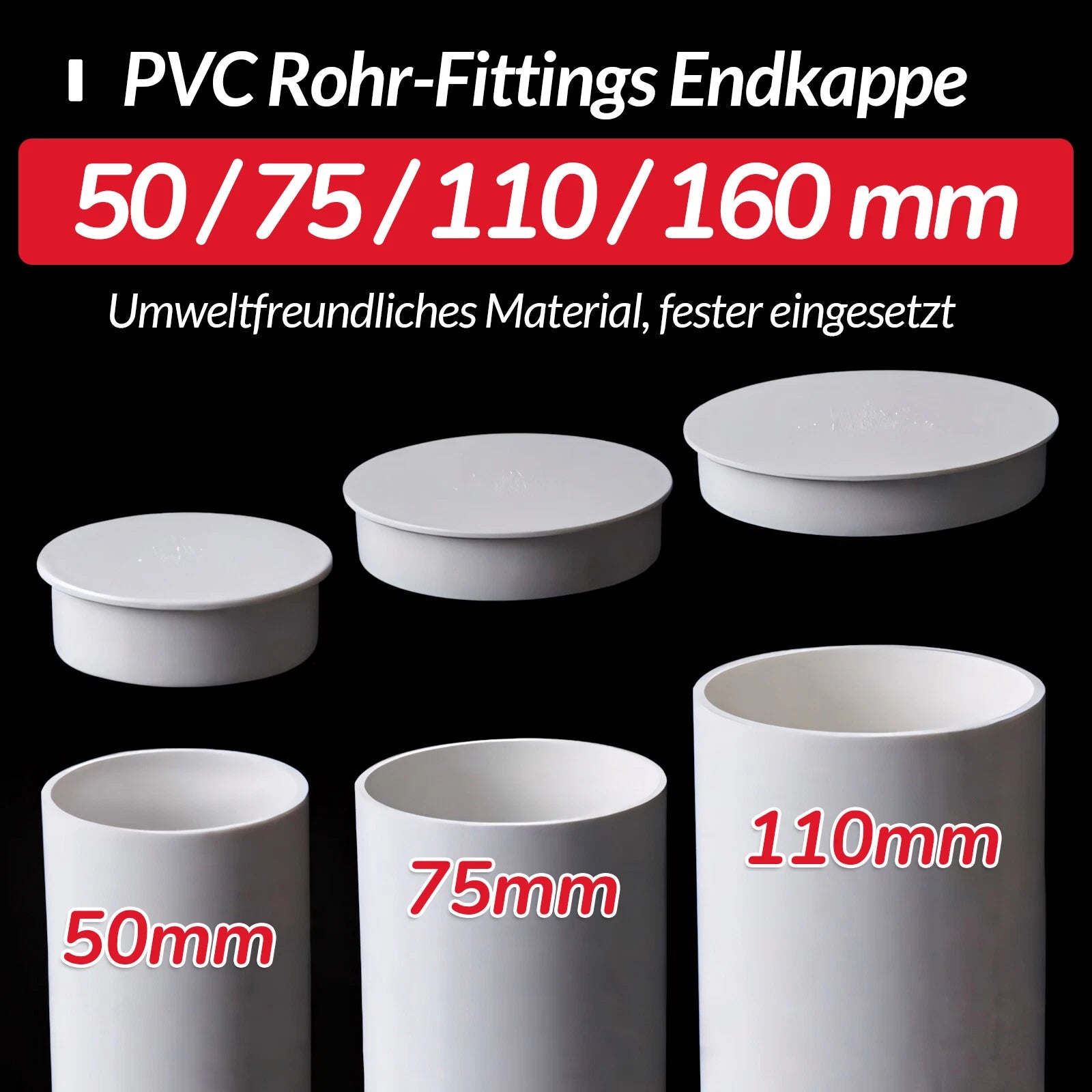 Ø 50 | 75 | 110 | 160mm PVC Rohr-Fittings Endkappe Deckel Abflussrohr Kappe Weiß