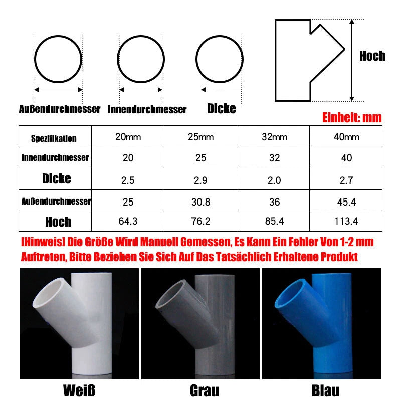 PVC 3-Wege Winkel 45° Rohr-Fittings Klebefittings Muffen 20-50mm Weiß Blau Grau