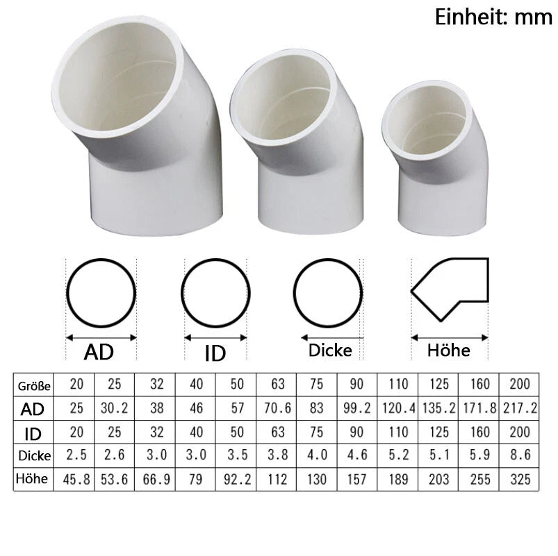 PVC 45° Ellbogen Winkel Klebe Fittings Rohr Muffe Rohrverbinder Weiß 20mm~200mm