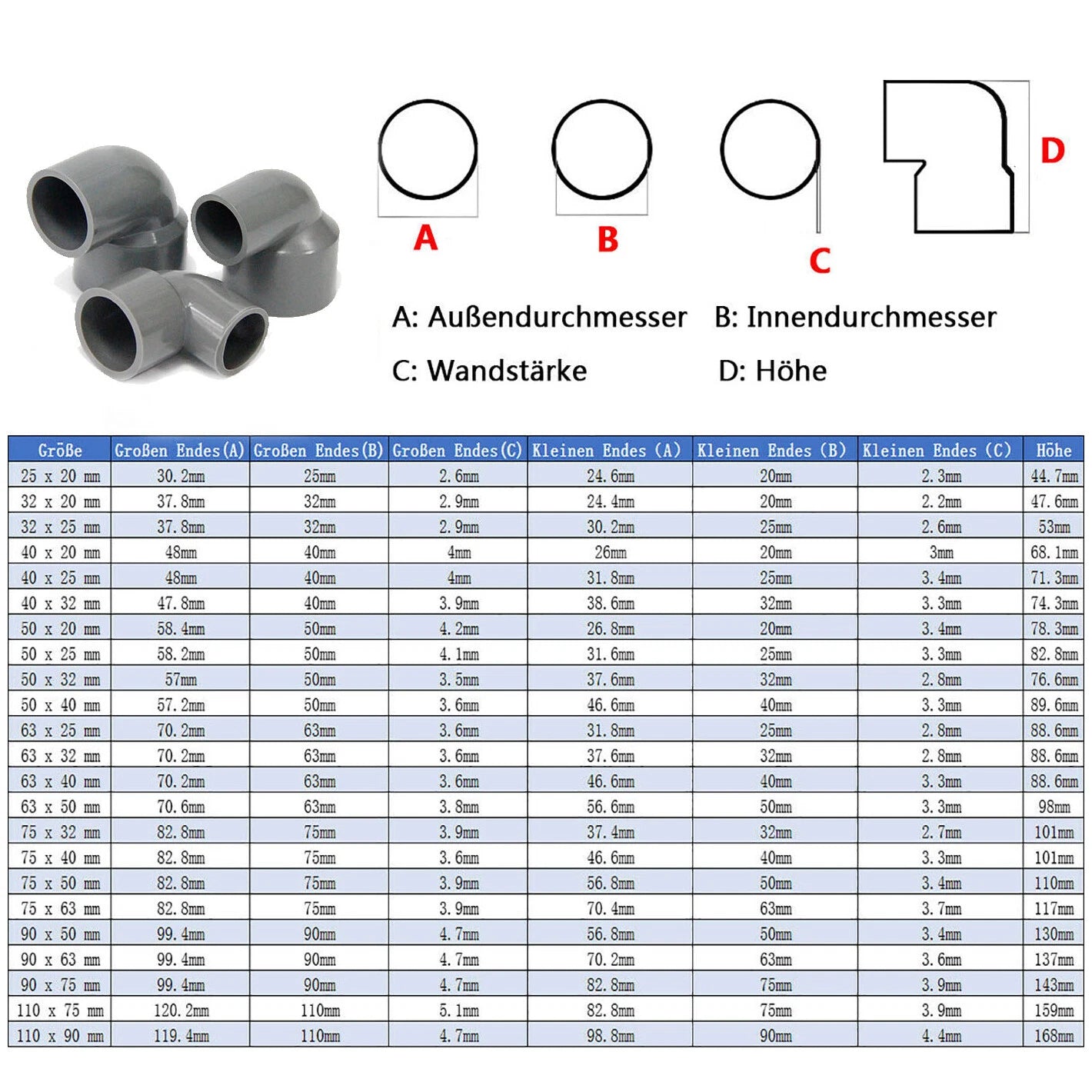 PVC 90° Winkel Reduzierstück Rohrverbinder Reduzierstück Muffe Fittings 20-110mm