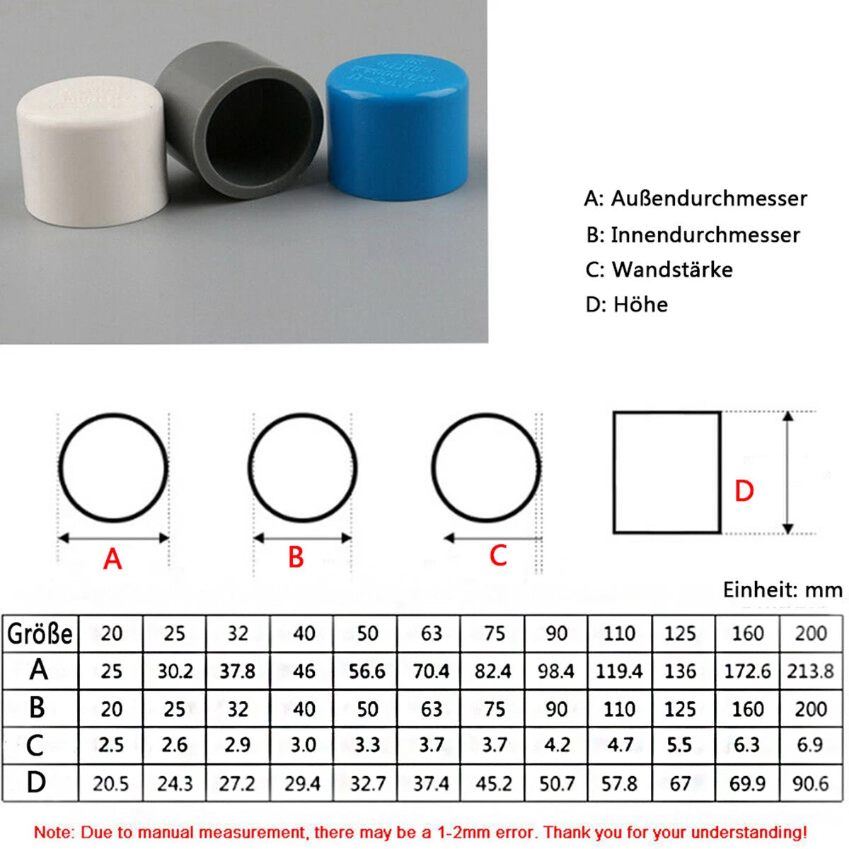 20mm - 200mm PVC Rohr-Fittings Endkappe Endstecker Deckel Stopfen Weiß Grau Blau