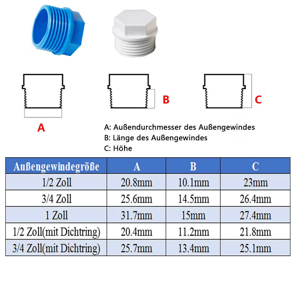1 2", 3 4", 1" Außengewinde PVC Plastik Rohre-Fittings Stopfen Stecker Weiß,Blau