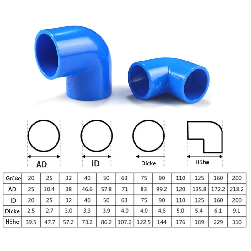 90° PVC Blau Winkel Klebe Fittings Rohr Muffe Rohrverbinder Innerer Dur:20~160mm