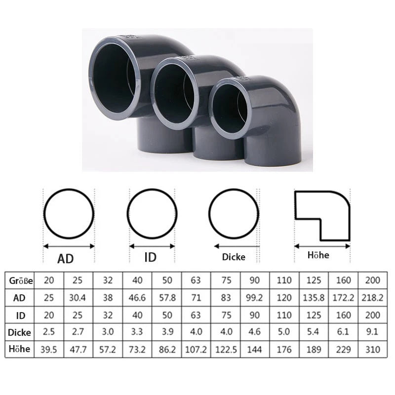 90° PVC Grau Winkel Klebe Fittings Rohr Muffe Rohrverbinder Inner Dur:20mm~200mm