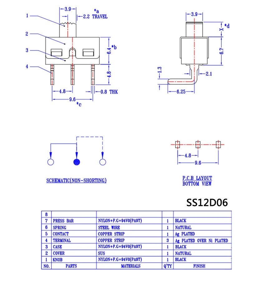 Toggle Switch SS12D06 SS12D10 SPDT 3-Pin Slide Switch with Straight or Bent Feet — 4.7mm Spacing, 5mm Handle