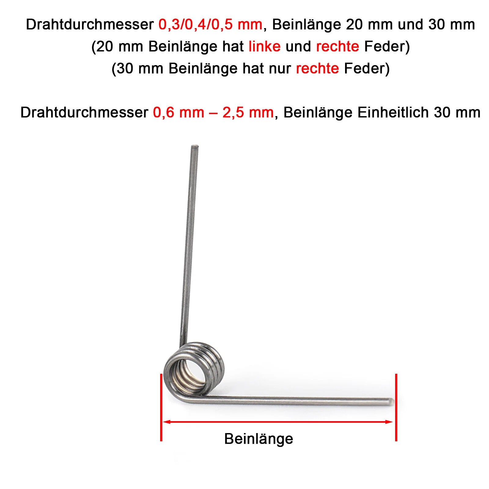 Schenkelfeder Draht Ø 0.7 mm ,Außen Ø 3.5 mm-9 mm Federstahl Torsions Dreh Feder
