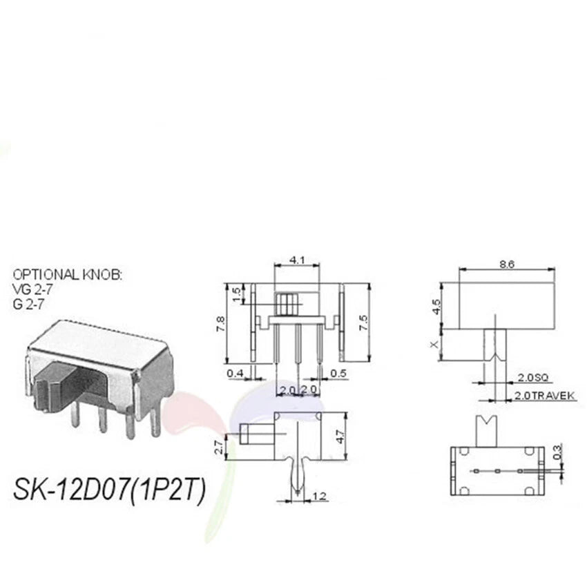 Mini Slide Switch On/Off 2-Position 3-Pin PCB Mount, 3mm Handle (SK12D07VG3)