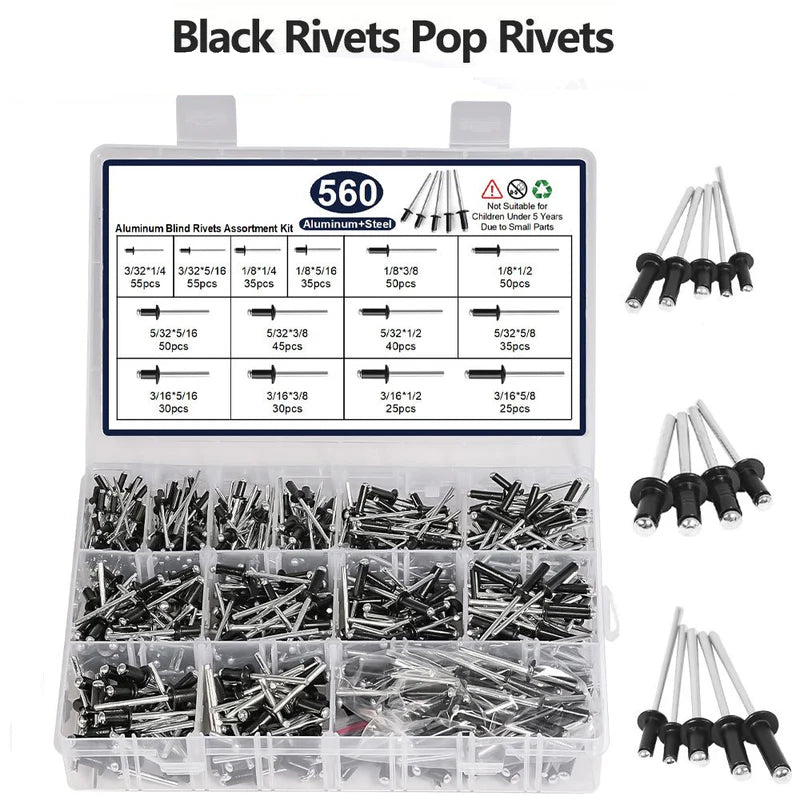 Black Pop Rivets Assortment Set Aluminium Body Steel Mandrel Open End Dome Head - HomeDIYer