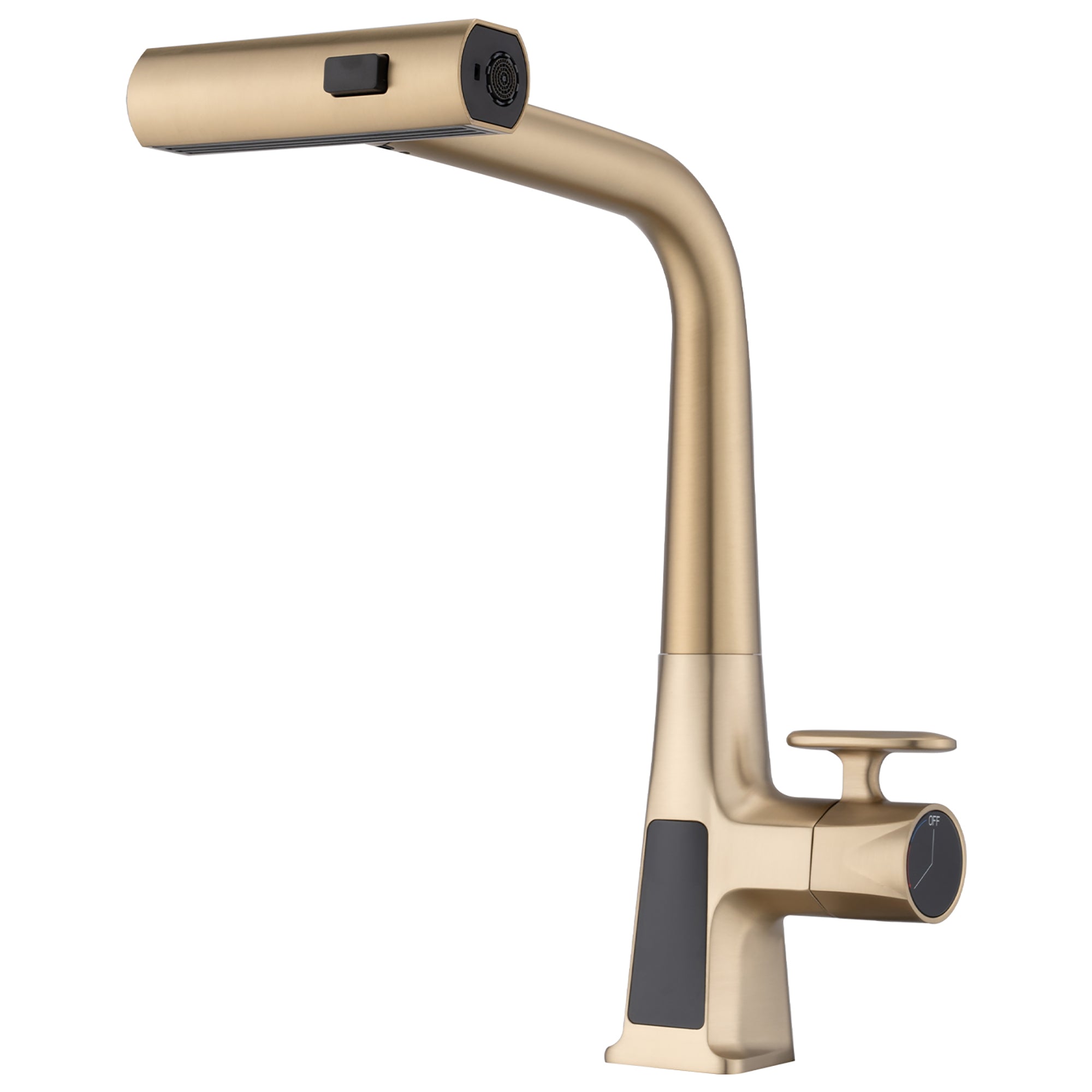 Brushed Gold Waterfall Kitchen Faucet with LED Temperature Display & Pull-Down Sprayer – Single Handle, 3 Modes