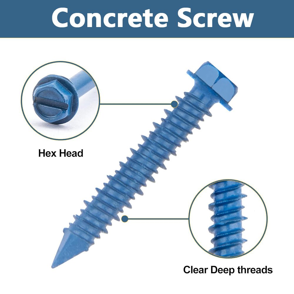 220x Slotted Hex Washer Head Concrete Screws 1/4″ and 3/16″ Blue with Drill Bit - HomeDIYer