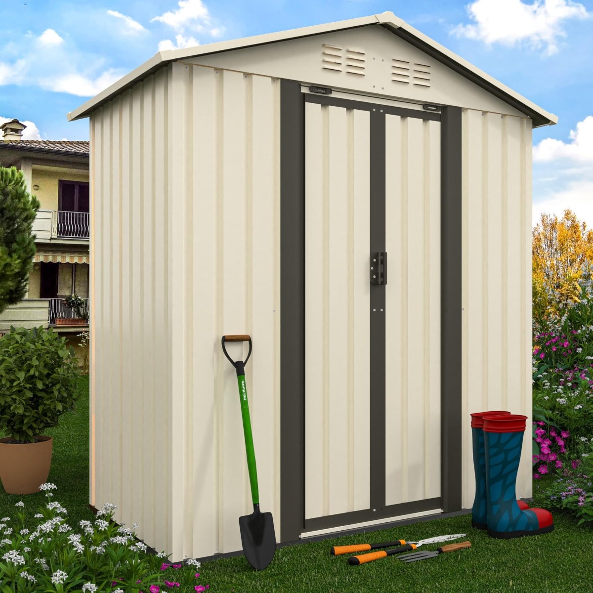 Cream White 5×3FT Outdoor Storage Shed | Heavy Duty Lockable Garden House - HomeDIYer