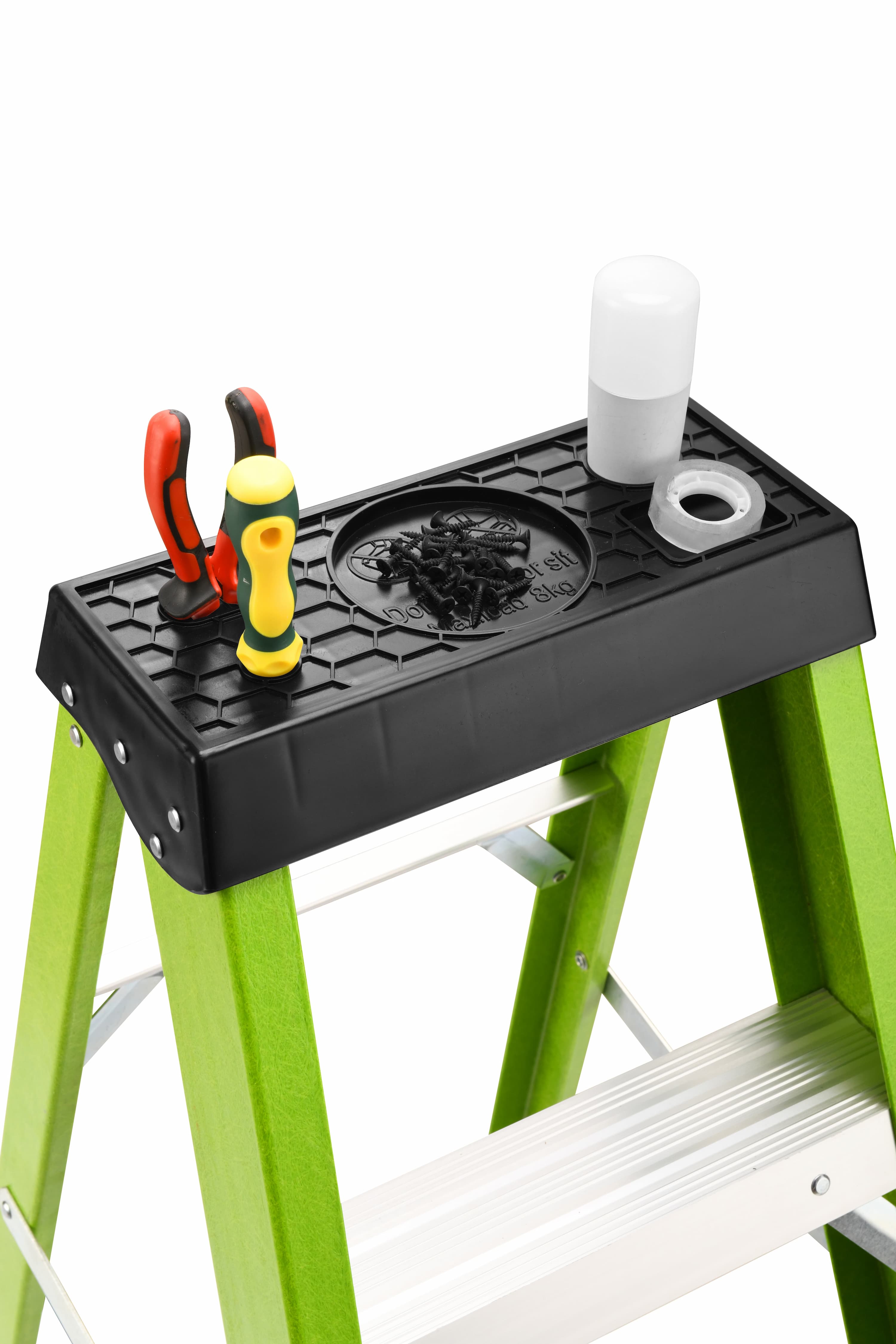 Fiberglass Step Ladder — Non‑Conductive, 330 lb Capacity, Safety Green, 11" Step Spacing