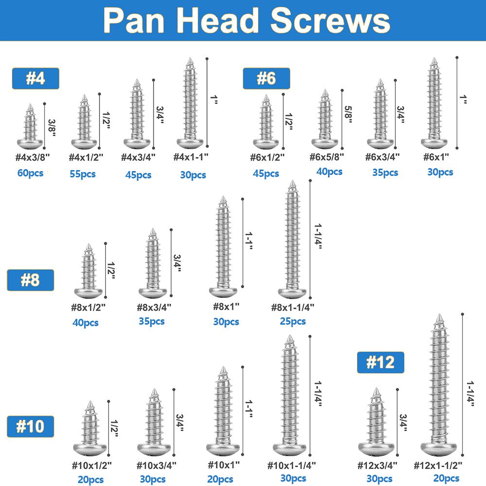 620Pcs Stainless Steel Pan Head Tapping Self Wood Screws Assortment Set - HomeDIYer