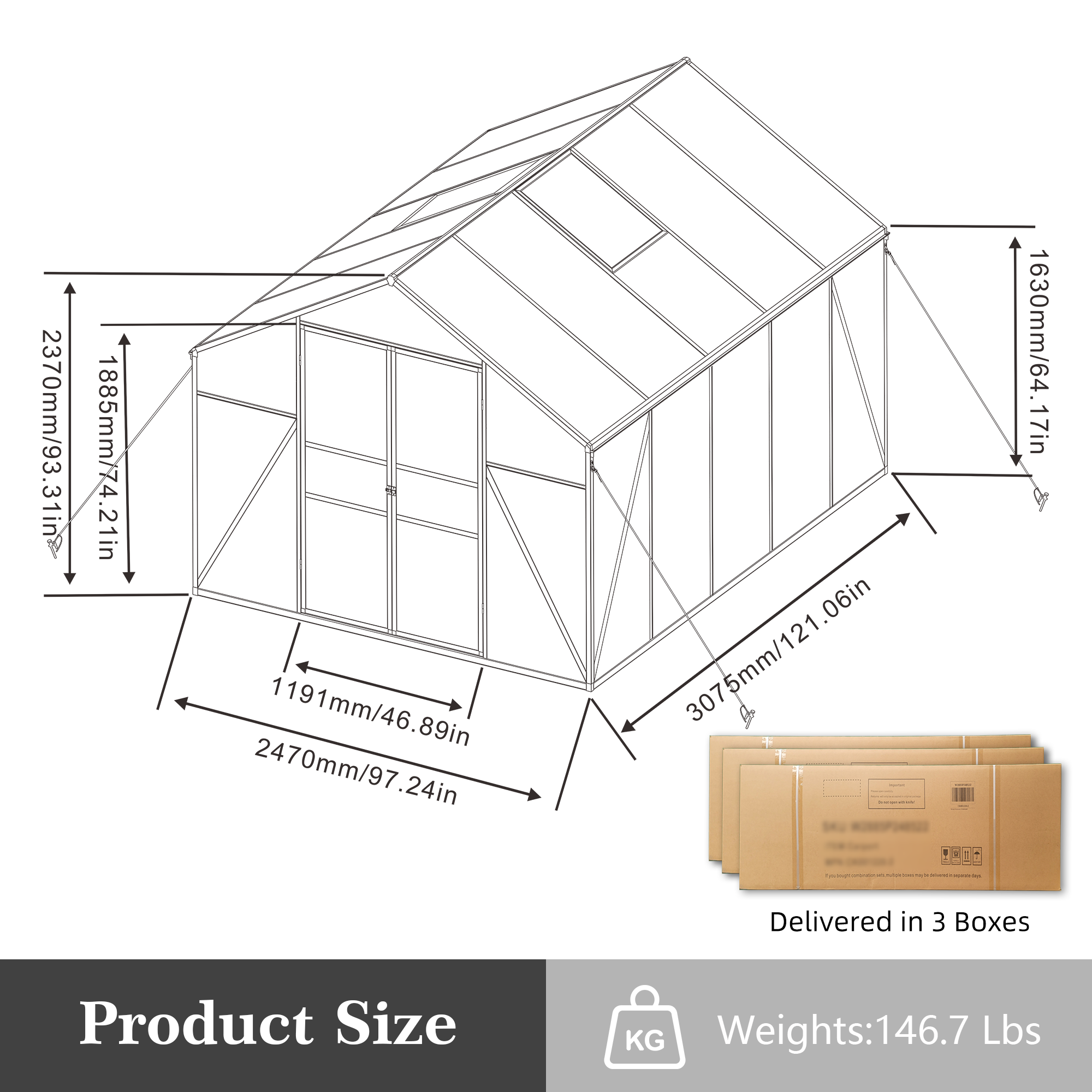 8ft x 10ft Heavy‑Duty Aluminum Walk‑In Greenhouse — 4mm Polycarbonate Panels Drainage System & Adjustable Vents Black