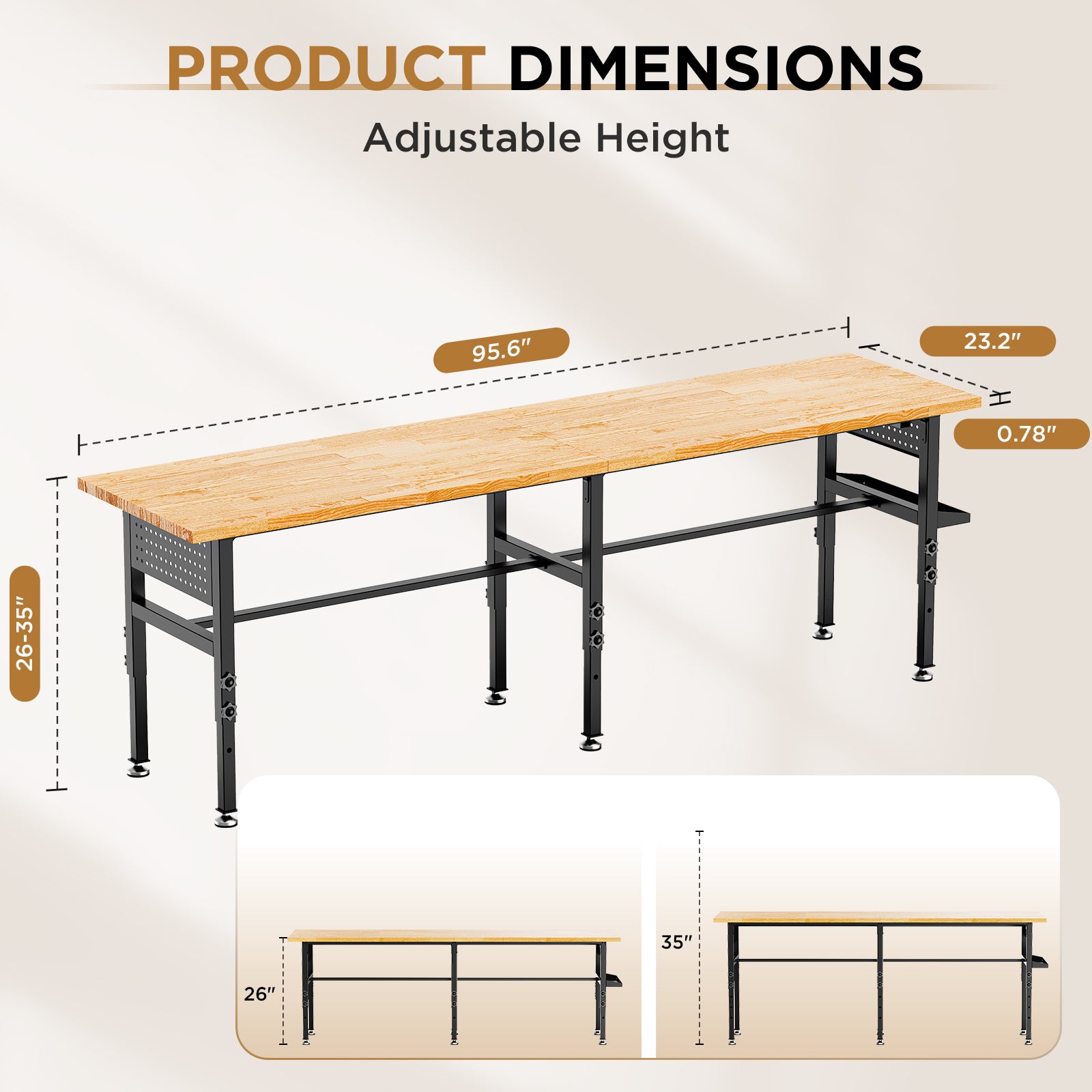 96" Adjustable Workbench with Side Pegboard, Solid Wood Top, 2000 lb Capacity, Power Outlet, Storage Box & Wheels