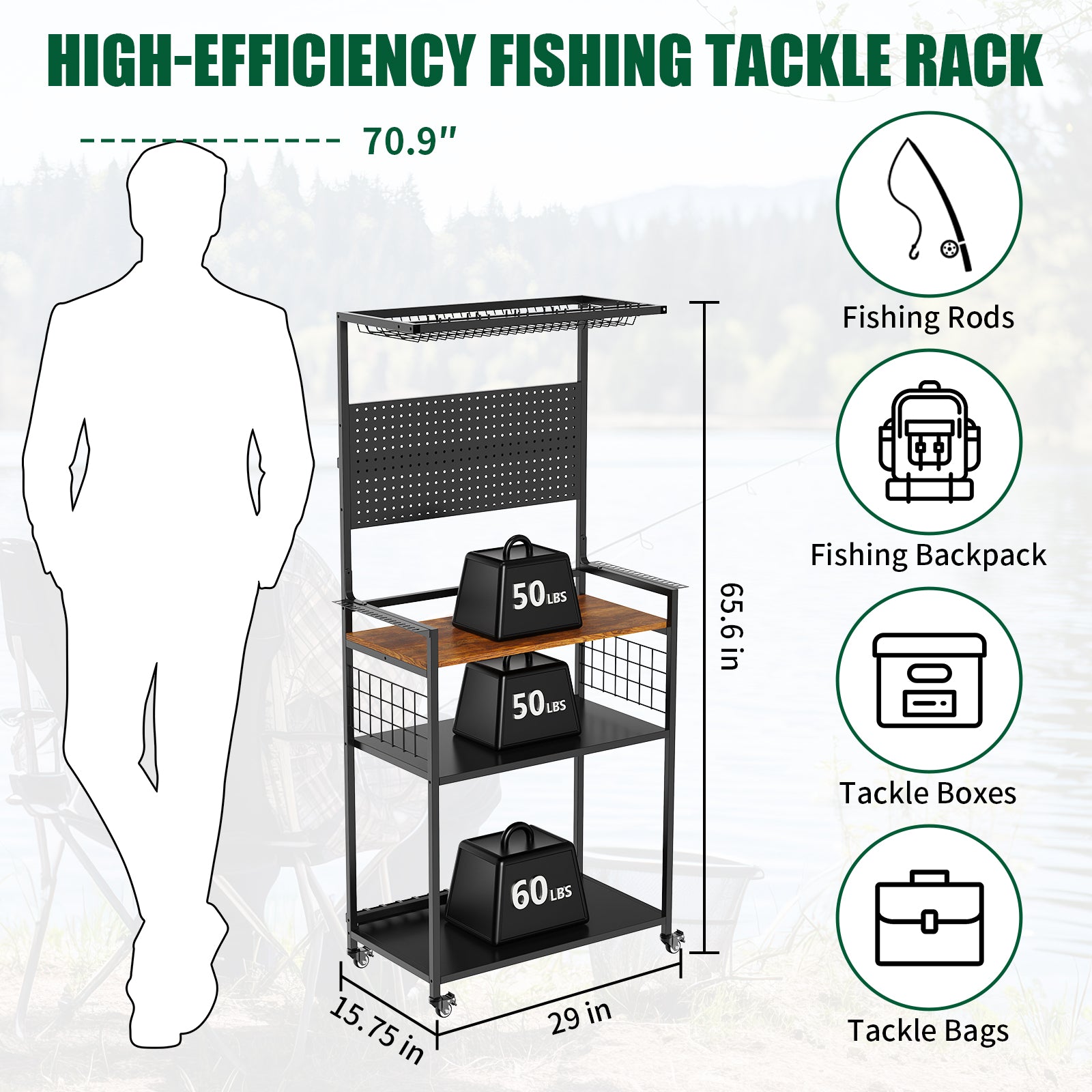 Rolling Fishing Rod Storage Rack with Pegboard, Multi-Tier Tackle Organizer Cart for Rods, Reels & Tackle Boxes, Lockable Wheels, Black