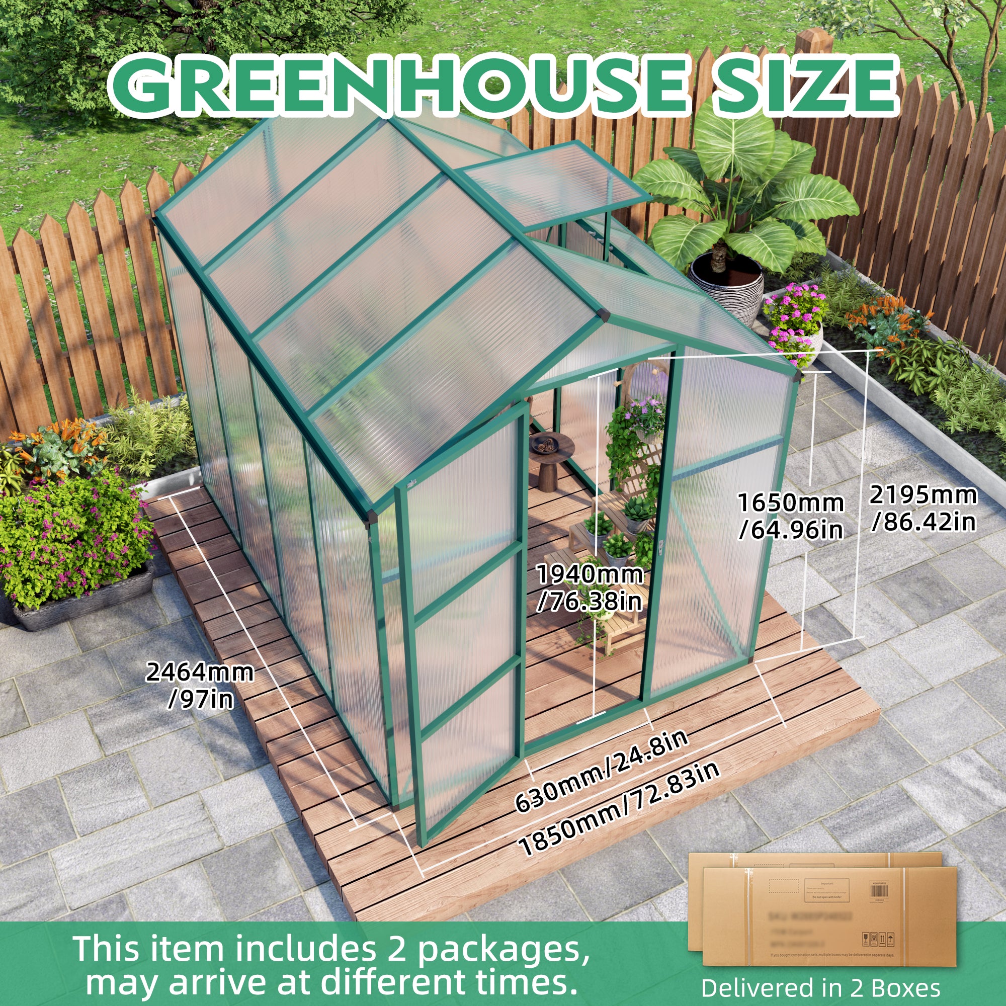 6ft x 8ft Heavy‑Duty Aluminum Walk‑In Greenhouse — Wind‑Resistant Polycarbonate Panels with Raised Base & Drainage System Green