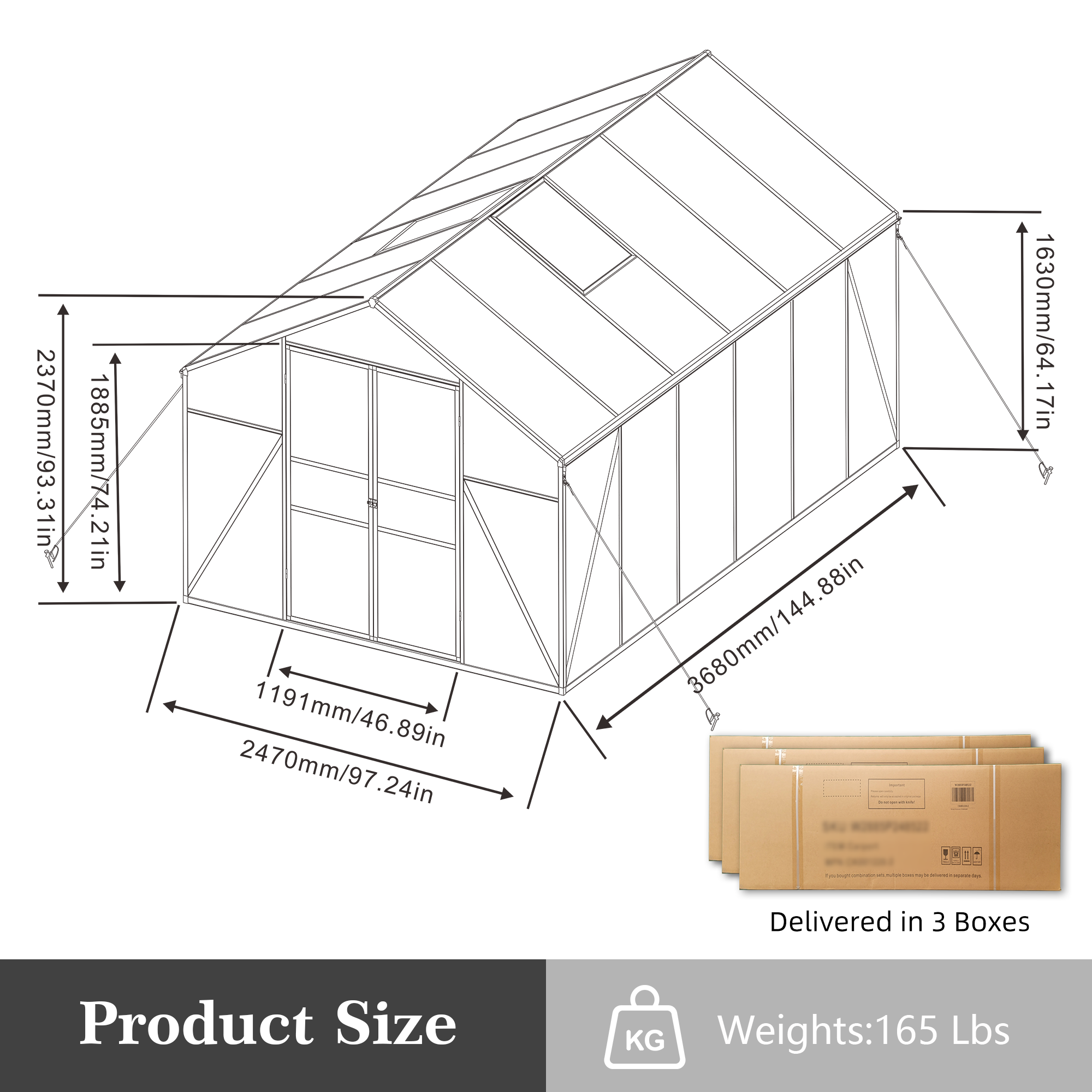 8ft x 12ft Heavy‑Duty Aluminum Walk‑In Greenhouse — 4mm Polycarbonate Panels Raised Base & Drainage System Black
