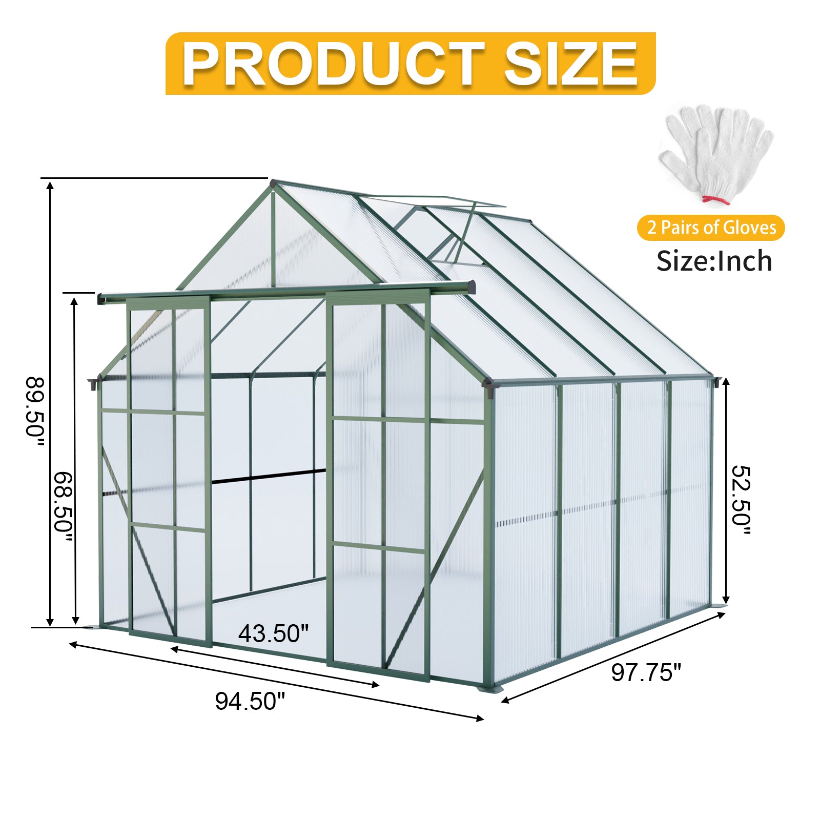8ft x 8ft Heavy‑Duty Aluminum Walk‑In Greenhouse — Double Doors Polycarbonate Panels & Drainage System Green