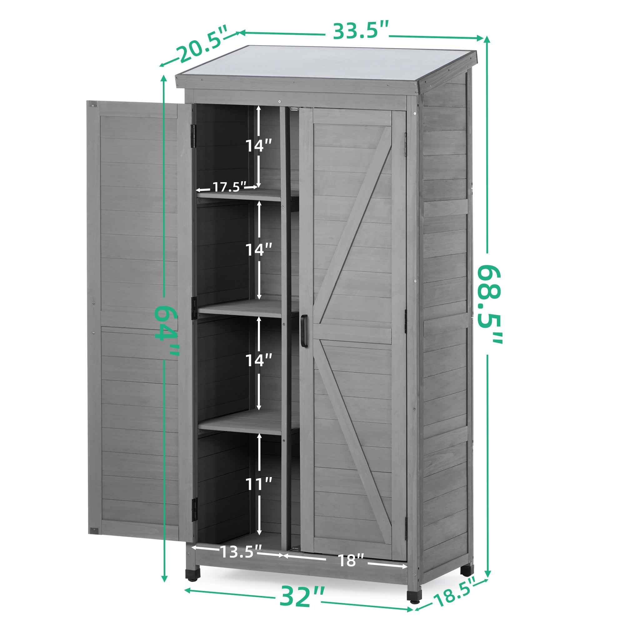 68" Outdoor Storage Cabinet – Tall Wood Garden Shed with Metal Top & Rustic Gray Finish