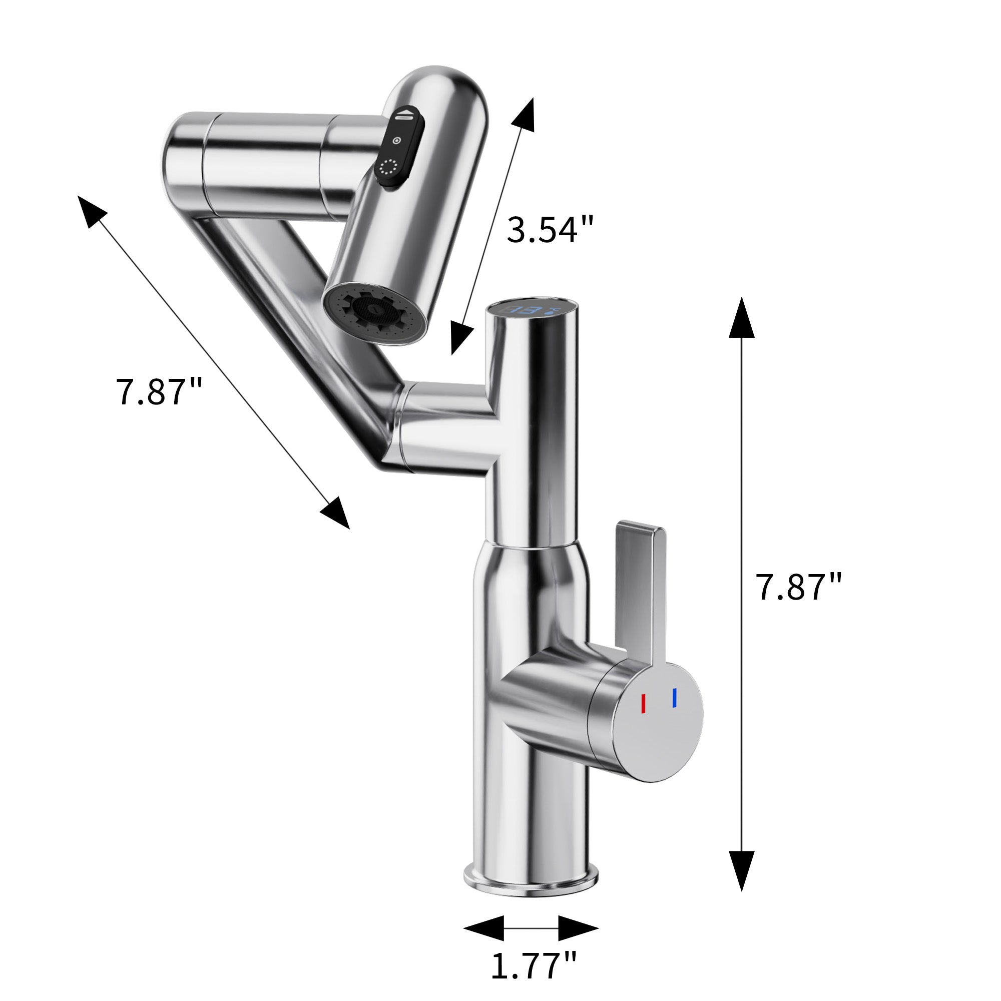 Chrome Bathroom Sink Faucet with Spray Function and Temperature Display for Anti-Skid Switch and Hot & Cold and 360° Rotary