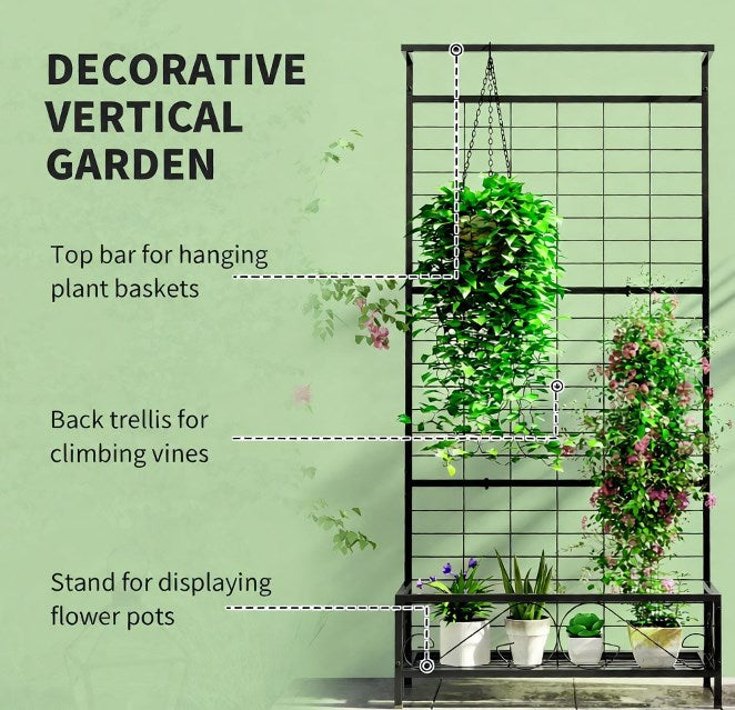 Plant Holder,Metal Tall Plant Stand with Trellis and Hanging Bar,for Indoor Outdoor Use