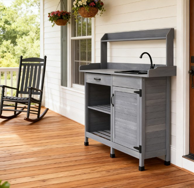 Outdoor Work Bench Table,Potting Bench Table with Sink,with Storage Cabinet,Hooks,Removable Sink,Faucet and Drawer